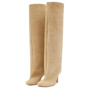 Beige Suede Knee High Boots with Stiletto Heels