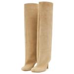 Beige Suede Knee High Boots with Stiletto Heels