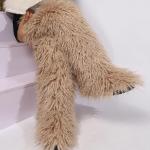 YFJNV Black Furry Thigh-High Boots for Women