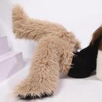 YFJNV Black Furry Thigh-High Boots for Women