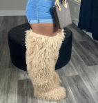 YFJNV Black Furry Thigh-High Boots for Women