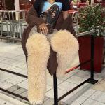 YFJNV Black Furry Thigh-High Boots for Women