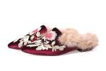 Embroidery Mule Loafers with Plush Velvet, Wine Red