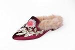 Embroidery Mule Loafers with Plush Velvet, Wine Red
