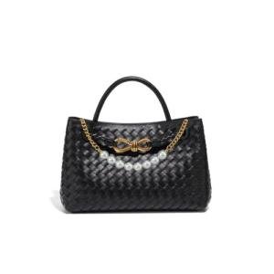 Woven Vegan Leather Tote with Pearl Chain