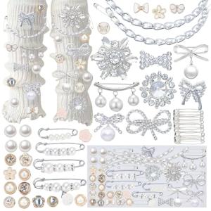 54PCS Junk Socks Charms Kit, Shoe Charms for Sneakers Girls,Silver Brooches and Pins for Women, Pearl and Rhinestone Sock Charm with Safety Pins, DIY Accessories for Decorating and Personalizing Socks