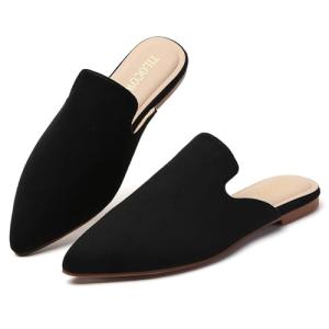 Tilocow Mules for Women Flats Pointed Toe Slip On Backless Loafers Flat Mule Business Casual Shoes Slides B Black