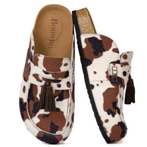 Genuine Suede Clogs for Women Leather Mules Soft Cork Footbed Comfort Slip On Shoes Closed Round Toe Casual Shoes with Arch Support Cow Print