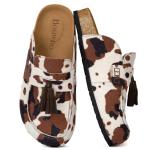 Genuine Suede Clogs for Women Leather Mules Soft Cork Footbed Comfort Slip On Shoes Closed Round Toe Casual Shoes with Arch Support Cow Print