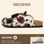Genuine Suede Clogs for Women Leather Mules Soft Cork Footbed Comfort Slip On Shoes Closed Round Toe Casual Shoes with Arch Support Cow Print