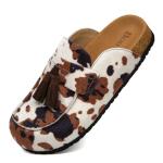 Genuine Suede Clogs for Women Leather Mules Soft Cork Footbed Comfort Slip On Shoes Closed Round Toe Casual Shoes with Arch Support Cow Print