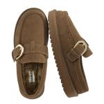 CUSHIONAIRE Origin Genuine Suede Mule Clogs for Women, Cozy Slip-On Moc Toe Loafer with Buckle and Faux Fur Cushioned Footbed, Brown 9