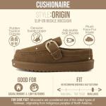 CUSHIONAIRE Origin Genuine Suede Mule Clogs for Women, Cozy Slip-On Moc Toe Loafer with Buckle and Faux Fur Cushioned Footbed, Brown 9