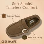 CUSHIONAIRE Origin Genuine Suede Mule Clogs for Women, Cozy Slip-On Moc Toe Loafer with Buckle and Faux Fur Cushioned Footbed, Brown 9