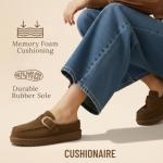 CUSHIONAIRE Origin Genuine Suede Mule Clogs for Women, Cozy Slip-On Moc Toe Loafer with Buckle and Faux Fur Cushioned Footbed, Brown 9
