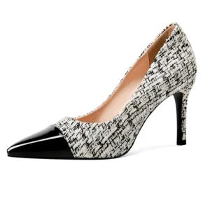 Voaboasy Elegant Closed Toe High Heels Women Pumps Fashion Leather Upper Low Heel Fabric Material Pink Heels 8CM Dress Shoes Black 7.5