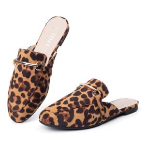 MUSSHOE Mules for Women Flats Comfortable Slip on Women Mules Backless Loafers,Leopard Suede 7