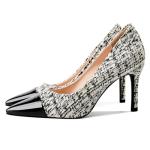 Voaboasy Elegant Closed Toe High Heels Women Pumps Fashion Leather Upper Low Heel Fabric Material Pink Heels 8CM Dress Shoes Black 7.5