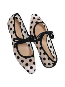 BEAUDRM Women's Polka Dots Mesh Ballet Flats Shoes Bowknot Pointed Toe Flats Closed Toe Comfortable Dress Shoes Black 10.5