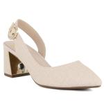 Jones New York Women's Slingback Block Heel Pumps – Pointed Toe Dress Shoes with Gold Buckle – Comfortable Mid Heel for Office, Party, or Evening Wear-Bone Linen Size 6