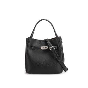 Light Luxury Lychee Patterned Bucket Bag - Black