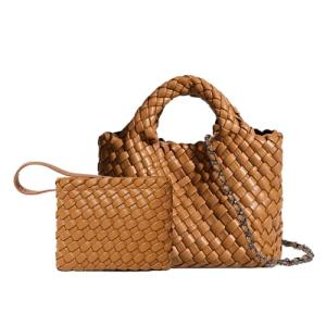 OUYGZOU Woven Tote Bag for Women with Coin Purse, Foldable Chain Small Crossbody Handbags, Fashion Shoulder Bag, Hobo Satchel (Brown)