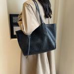Womens Fashion Luxury Large Leather Woven Leather Tote Handbag Shoulder Bag Women Top Handle Satchel Handbag Work (Black)