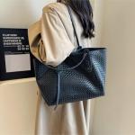 Womens Fashion Luxury Large Leather Woven Leather Tote Handbag Shoulder Bag Women Top Handle Satchel Handbag Work (Black)