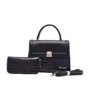 Crownelle Black Crocodile Pattern Handbag and Clutch Set