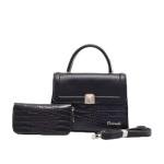 Crownelle Black Crocodile Pattern Handbag and Clutch Set