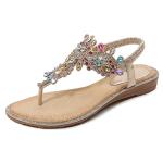 Gold Rhinestone T-Strap Bohemian Pearl Flat Sandals