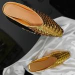 LUXMUWA Gold Woven Slip-On Mules for Women
