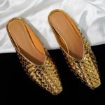 LUXMUWA Gold Woven Slip-On Mules for Women