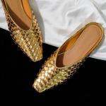 LUXMUWA Gold Woven Slip-On Mules for Women