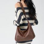 Trendy Dark Brown Vegan Leather Hobo Bag