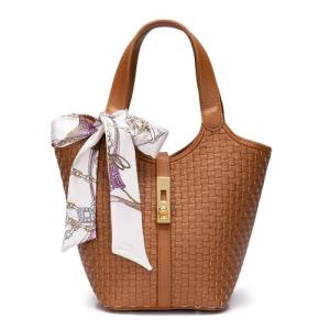 Bevgie Woven Top Handle Handbag Fashion Vegan Leather Bucket Purses Small Tote Bags luxury bag Detachable Satchels crossbody Shoulder bag for Women Brown