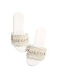 BEAUDRM Women's Pearls Chain Flat Sandals Dressy Open Toe Slip On Flats Summer Casual Outdoor Slide Sandals White 7.5
