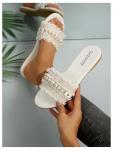 BEAUDRM Women's Pearls Chain Flat Sandals Dressy Open Toe Slip On Flats Summer Casual Outdoor Slide Sandals White 7.5