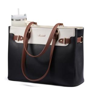 LOVEVOOK Laptop Tote Bag for Women Work, Teacher Tote Bag Nurse Bag with Large Cup Holder, 17.3 Inch Waterproof Leather Computer Bag Professional Business Office Briefcase, Black-beige-brown
