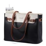 LOVEVOOK Laptop Tote Bag for Women Work, Teacher Tote Bag Nurse Bag with Large Cup Holder, 17.3 Inch Waterproof Leather Computer Bag Professional Business Office Briefcase, Black-beige-brown