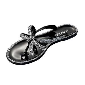 WnioJbobss Womens Flat Sandals Jelly Flip Flops Waterproof Rhinestone Bowtie Thong Sandal Strappy Slides for Daily Beach Pool-black-9-40