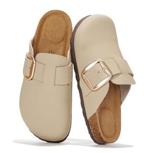 Project Cloud 100% Genuine Leather Clogs for Women Shoes - Memory Foam Insole, Non-Slip & Natural Cork Footbed Arch Support Big Buckle Womens Clogs and Mules Footwear (Manchester, NUDEACT,7.5)