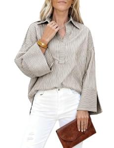 Chic Khaki Striped Oversized Button-Down Shirt