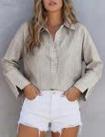 Chic Khaki Striped Oversized Button-Down Shirt