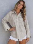 Chic Khaki Striped Oversized Button-Down Shirt