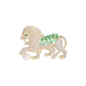 14K Gold Lion Brooch with Moissanite and Pearl