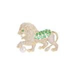 14K Gold Lion Brooch with Moissanite and Pearl