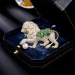 14K Gold Lion Brooch with Moissanite and Pearl