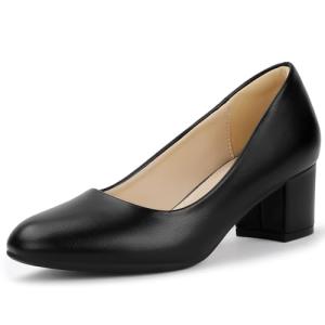 IDIFU Black Round Toe Chunky Heels for Women