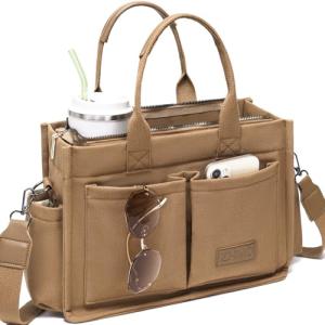 ZHMO Brown Canvas Tote Bag with Zipper Compartments